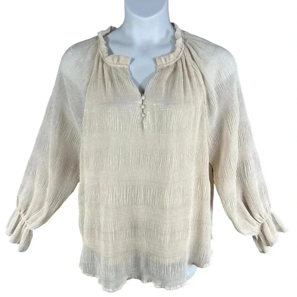 UMGEE Womens L Ruffle Metallic Champagne Blouse Crinkled Shimmer Mandarin Neck